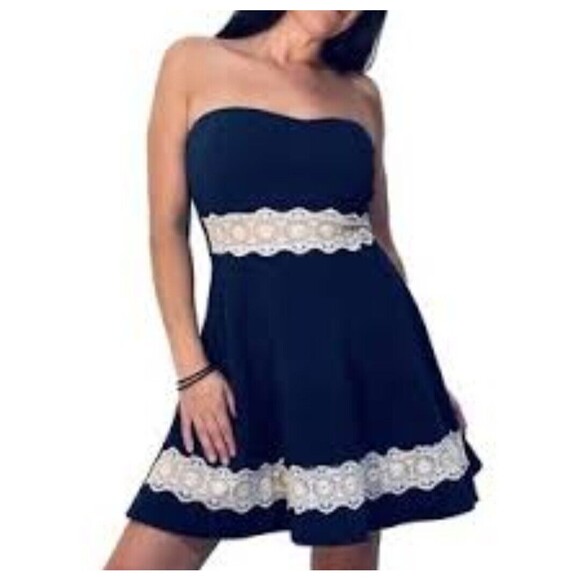 Babydoll Mini Halter Dress Navy Blue With White Lace Sexy Vintage Style Short - Picture 1 of 9